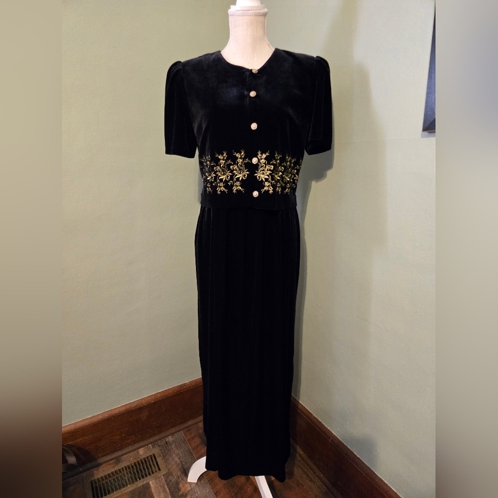 90s Vintage Another Thyme Velvet Black Gold Dress Woman's Size 10 Party C56